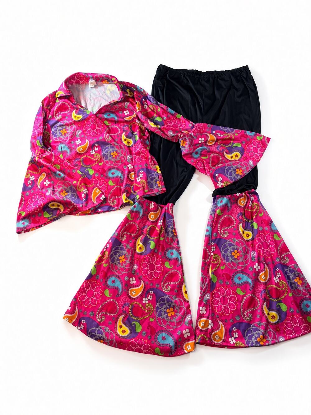 XL 60s 70s Hippie Costume Pink Paisley Bell Sleeve Top Bell Bottom Pants